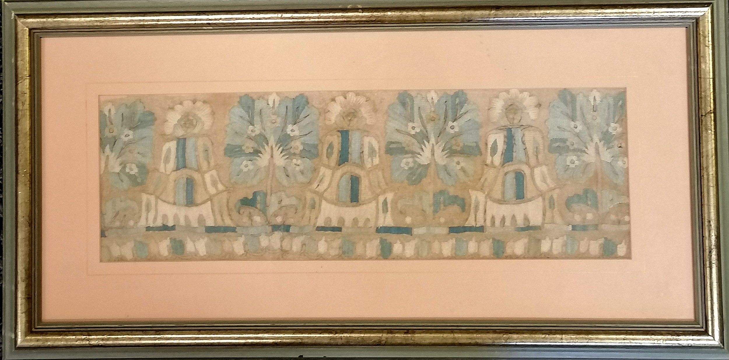 Antique framed needlepoint panel of Aztec style figures and stylised tree's, 72 cm wide, 36.5 cm - Image 3 of 3