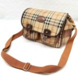 Vintage leather Burberry saddle/shooting bag with nova check & EKD knight logo design. Used