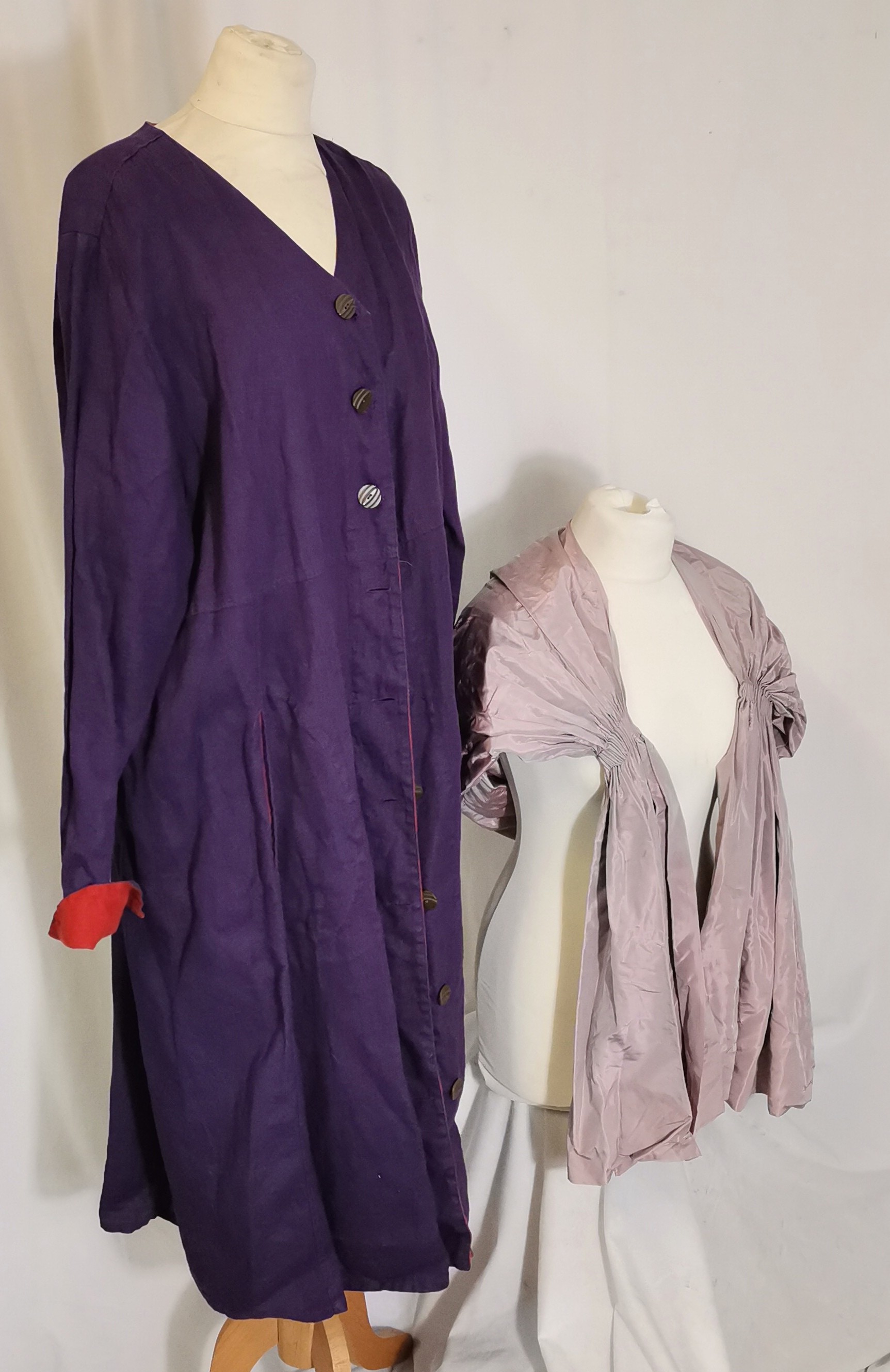 Flax purple linen coat and 1950s satin stole - Both in used condition - one size fits all