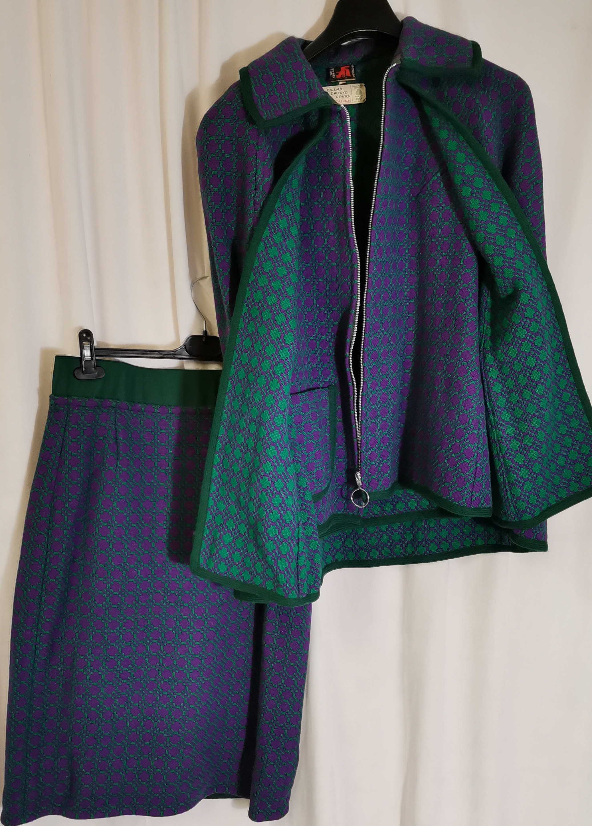 2 tweed garments, Welsh wool blue shades cape t/w 2 piece outfit, purple and green jacket and - Image 2 of 3