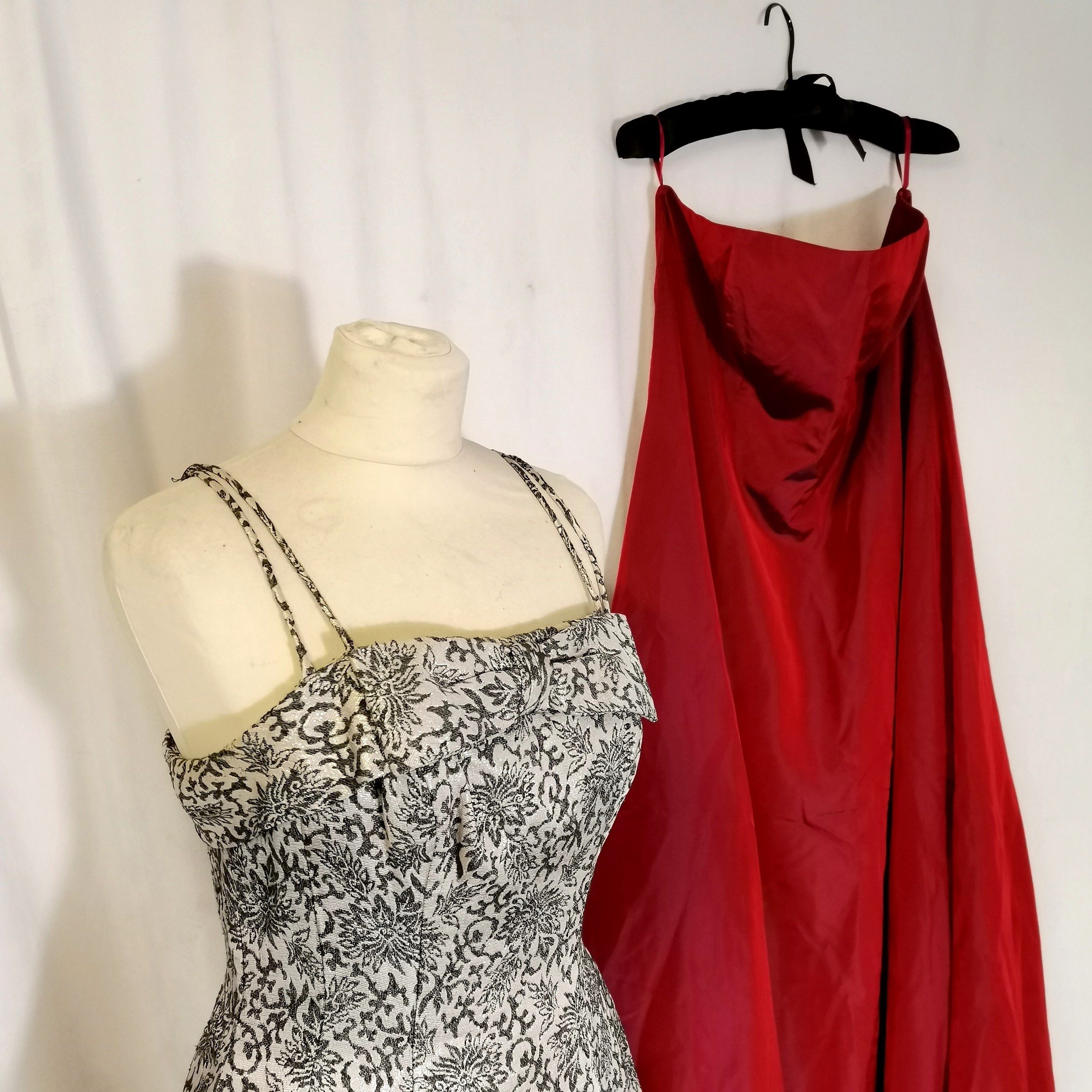 2 Vintage evening dresses 1 late brocade with shoe straps other is 1980s satin strapless dress - - Image 2 of 4