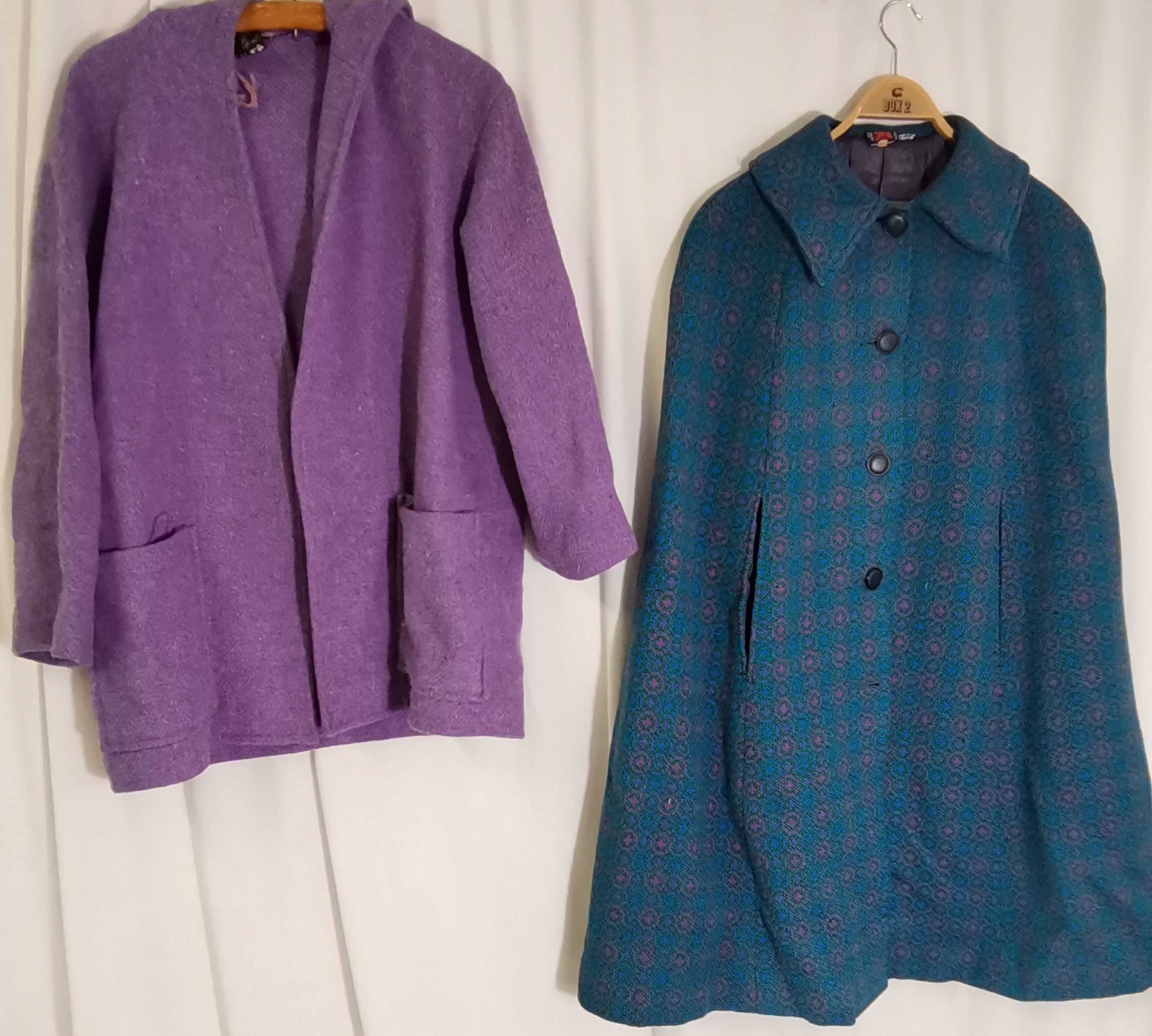 2 woollen items. 1 Welsh wool cape, the other a wool jacket by Dartington Hall, stain to front