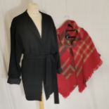 Jaeger crepe black jacket with tie back - 108cm bust t/w Modena check cape - both in used condition