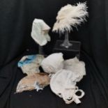 7 Antique vintage bonnets to include 3 1920s sleep bonnets & Victorian theatrical Tudor hat with