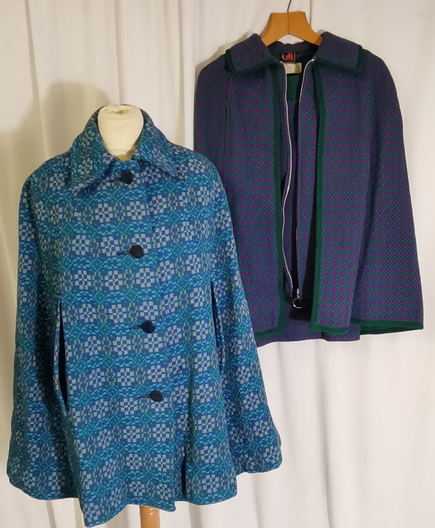 2 tweed garments, Welsh wool blue shades cape t/w 2 piece outfit, purple and green jacket and