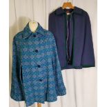 2 tweed garments, Welsh wool blue shades cape t/w 2 piece outfit, purple and green jacket and