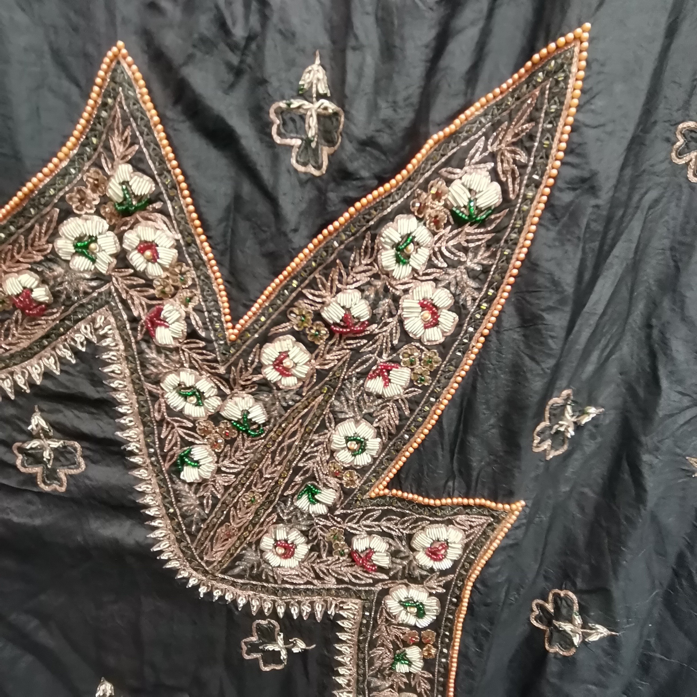 Indian black silk hanging embroidered with silver thread and beads and fringing at both ends, some - Image 2 of 3