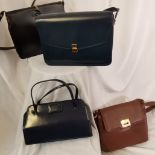 4 vintage leather handbags, 2 black,1 navy and 1 brown, in good condition, the brown has marks on