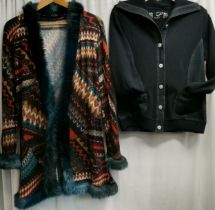 Vintage patterned unlined jacket with teal faux fur trim by James Lakeland t/w navy wool and denim