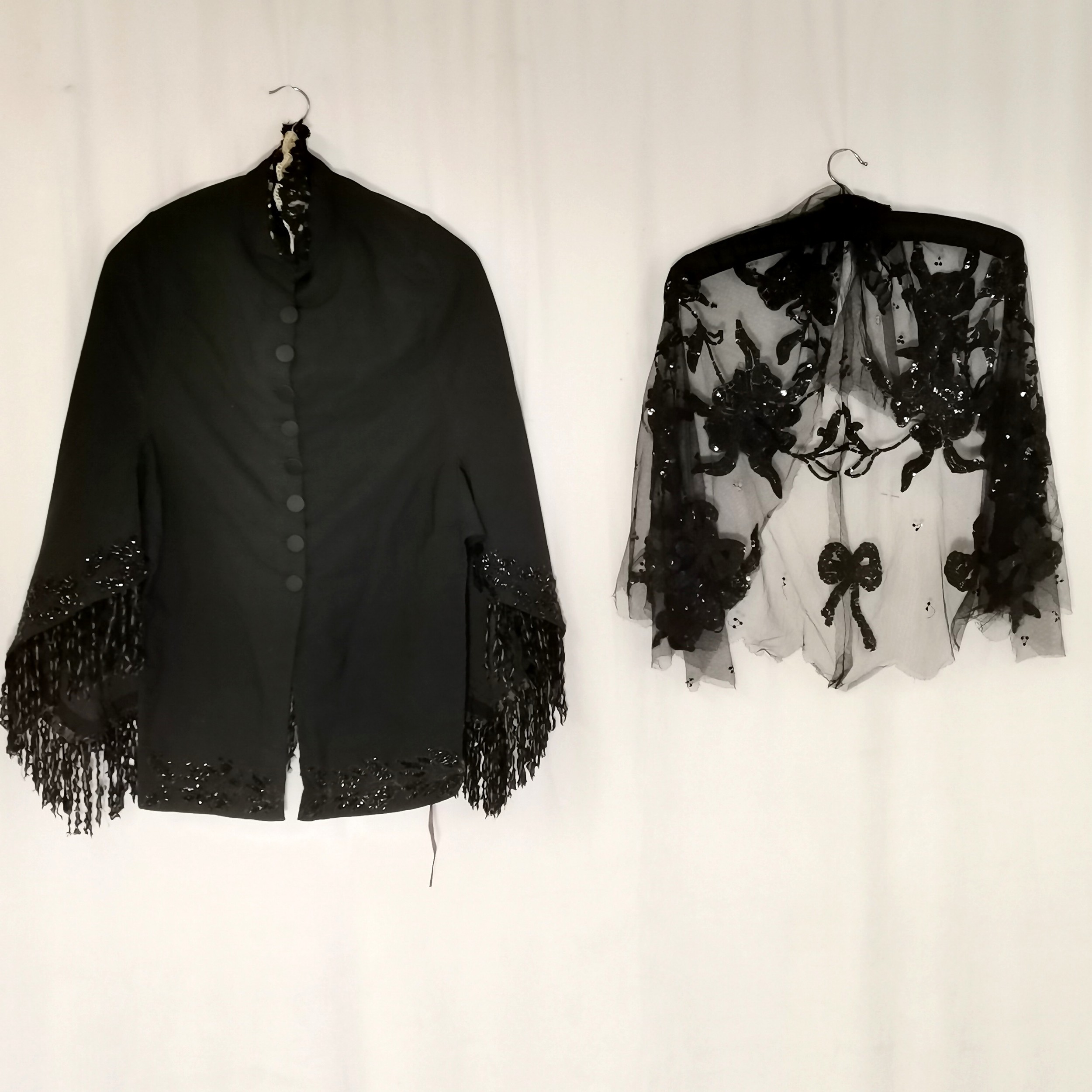 2 Victorian items 1 black cape with fringing and beadwork to sleeves with lace collar t/w piece of