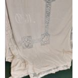 Large linen and hand crocket bed cover, initialled M.D. 305cm x 295cm. Good used condition.