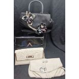 4 handbags, two cream, one black patent and one black floral