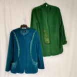 Vintage fleece jackets in a large size 1 green 1 blue patterned with embroidered gold thread, etc