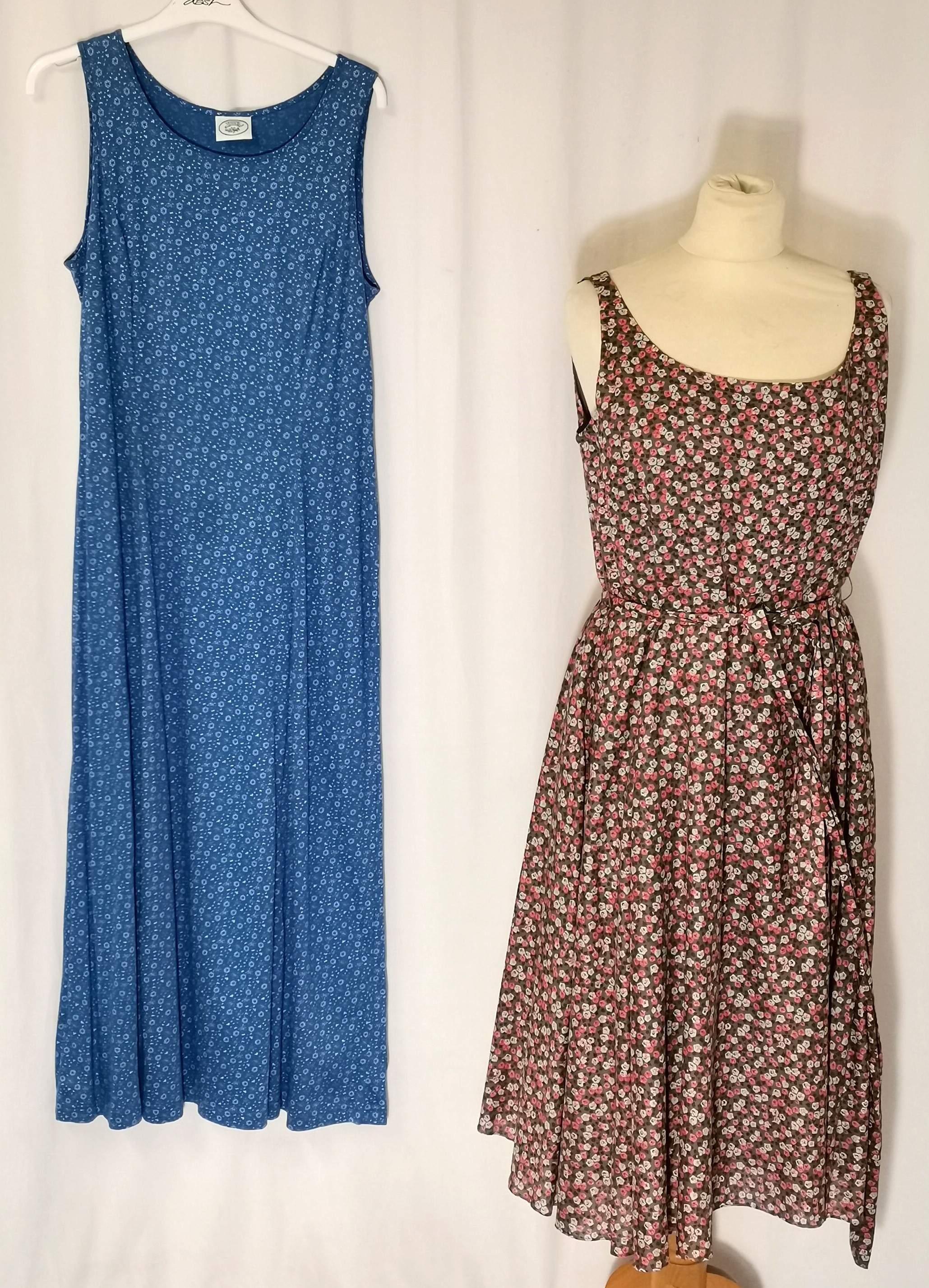 Vintage Laura Ashley sleeveless summer dresses, blue cotton is 96cm bust, floral pattern is size