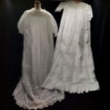 2 Childs christening gowns, 1 Edwardian embroidery analgise other is 1960s and made from mothers