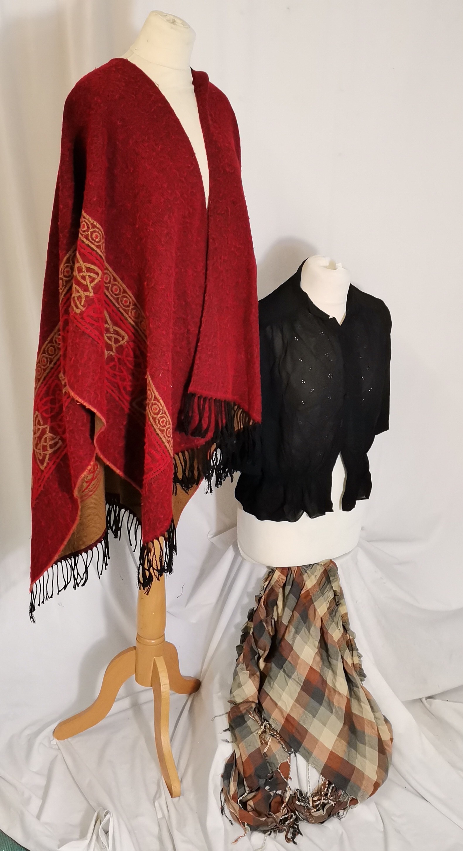 Black 1930s short sleeved blouse t/w red and beige cape and check and brown shawl - used condition