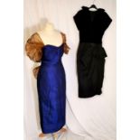 2 1970s Evening dresses, 1 in purple silk with copper coloured chiffon bow and sleeves - 84cm bust &