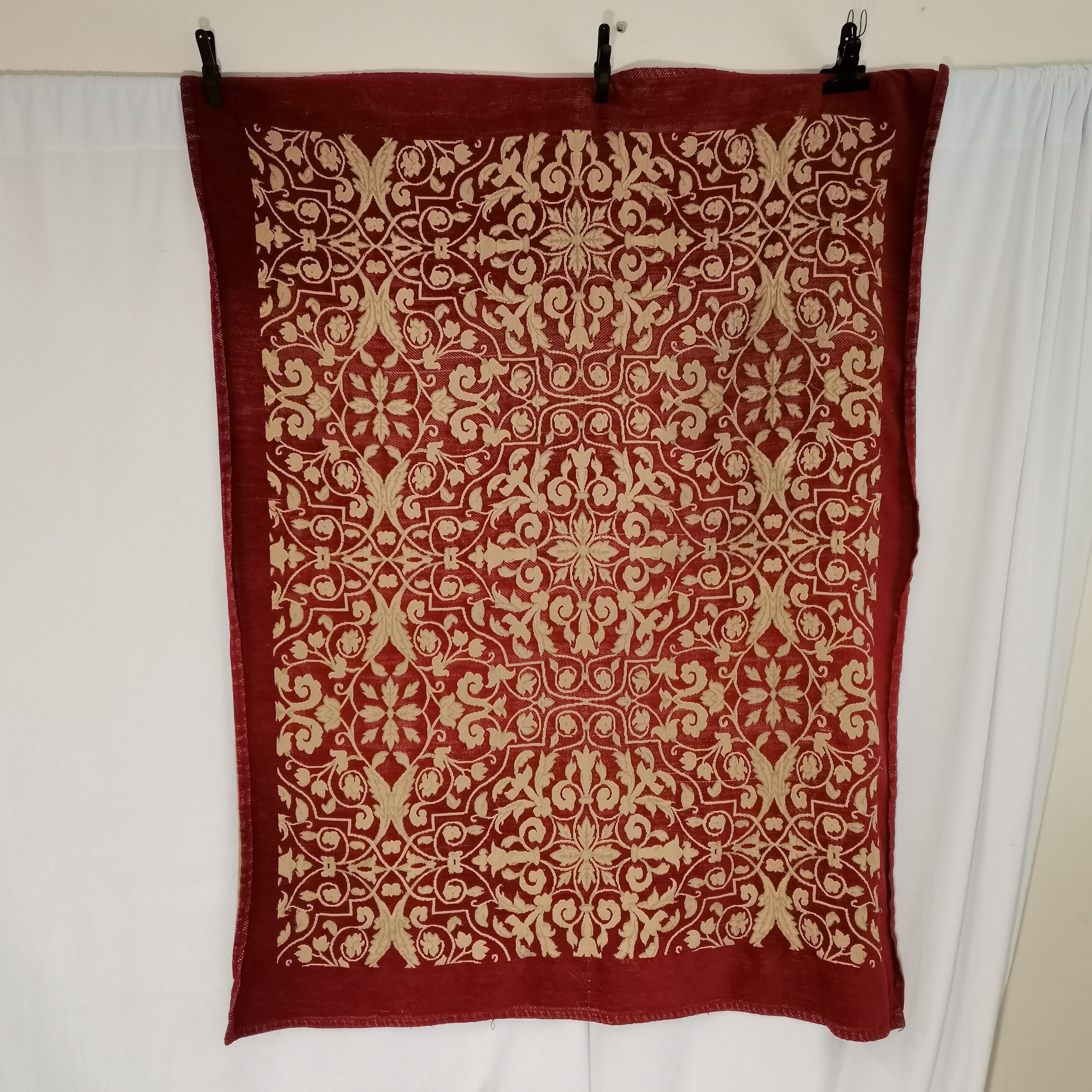 red and gold table cover - 126cm x 156cm t/w oriental oval velvet and metalwork cloth - 58cm x