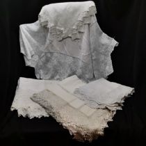 Edwardian and Victorian lace edge tablecloths one with bird & deer details to trim. Hand crocket.