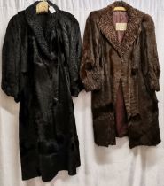 Two vintage Astrakan fur coats, one black and the other brown