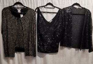 3 vintage beaded tops, a 2 piece vest and cardigan black and gold by Metaphor 96cm bust t/w jersey