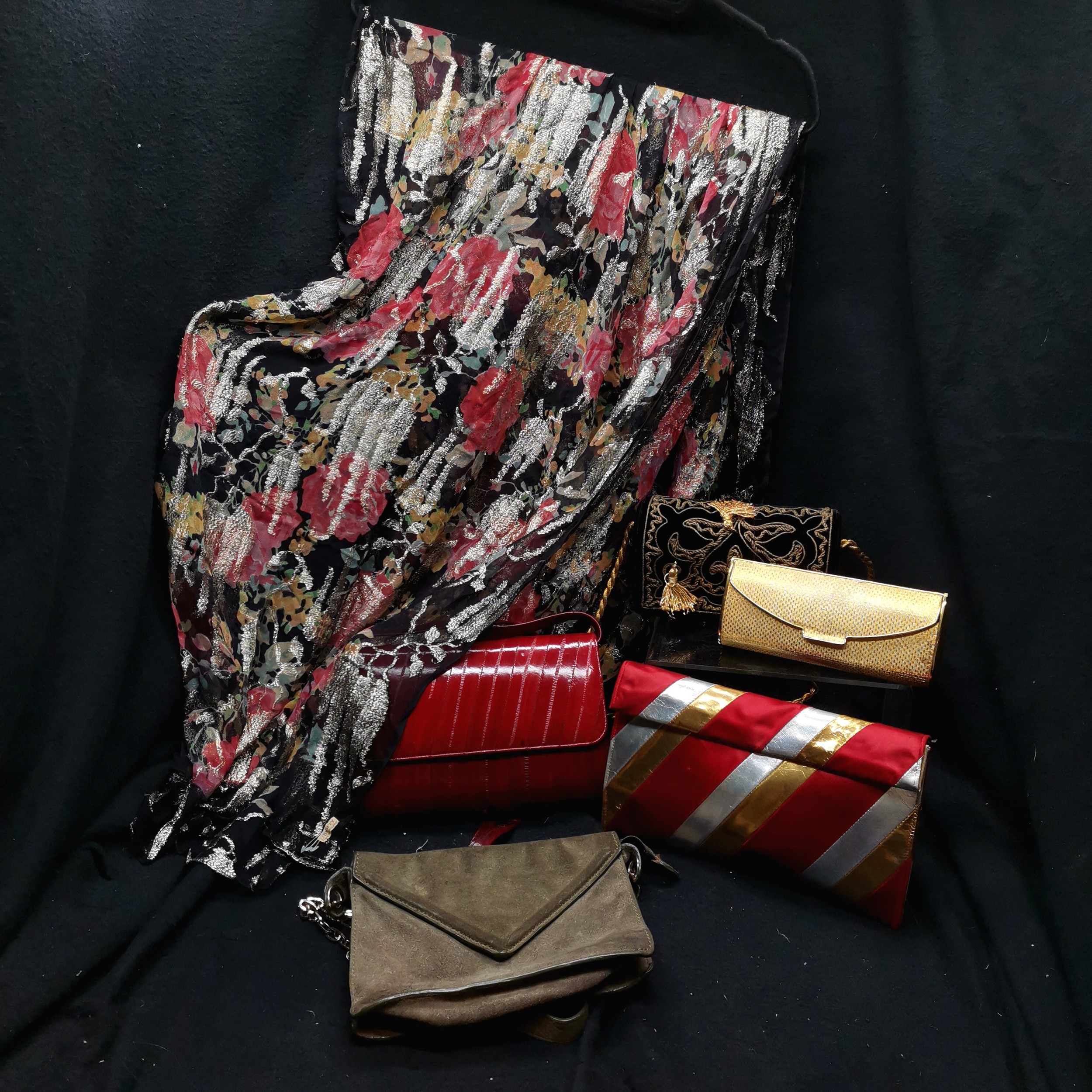 5 Vintage handbags t/w Liberty silk shawl with gold thread work, 1 vintage handbag Eel skin.