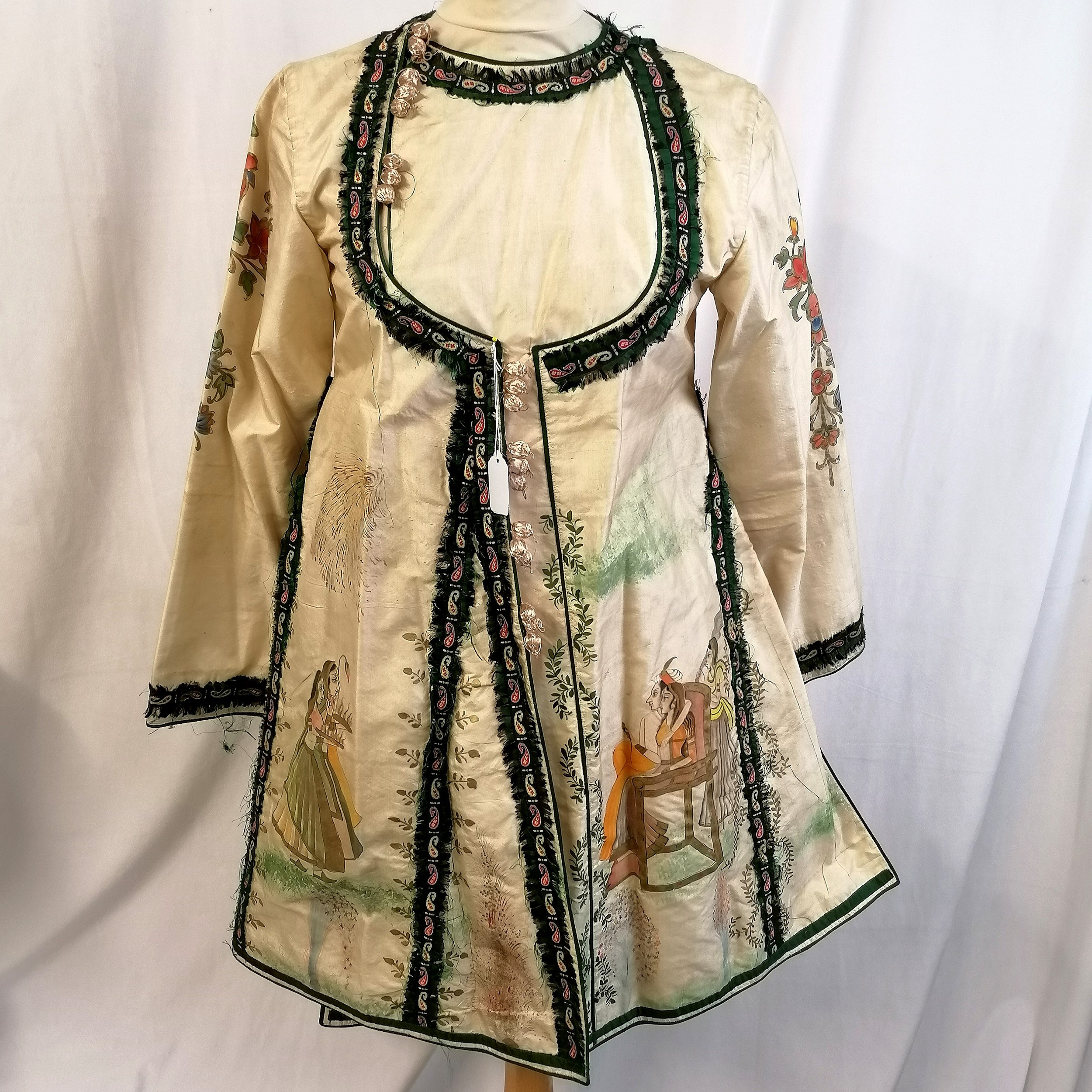 Indian cream silk dress coat with hand painted scenes 88cm bust - slight toning to the shoulders,