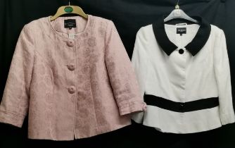 Pink brocade short jacket with covered buttons, stain on button size 12, 96 cm bust t/w black and