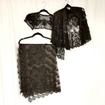 Victorian beadwork and lace cape, black lace stole & sequinned net collar - stole 120cm long x