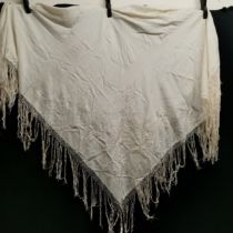 Cream Silk fringed shawl embroidered to one corner, one small stain but otherwise in good