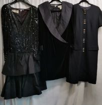 3 vintage black dresses, 80s sequinned and taffeta 86cm bust by Murray Arbeid, 70s velvet and
