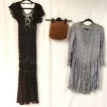 2 1920s Dresses one black lace t/w brown muff. Obvious damage thoughout.