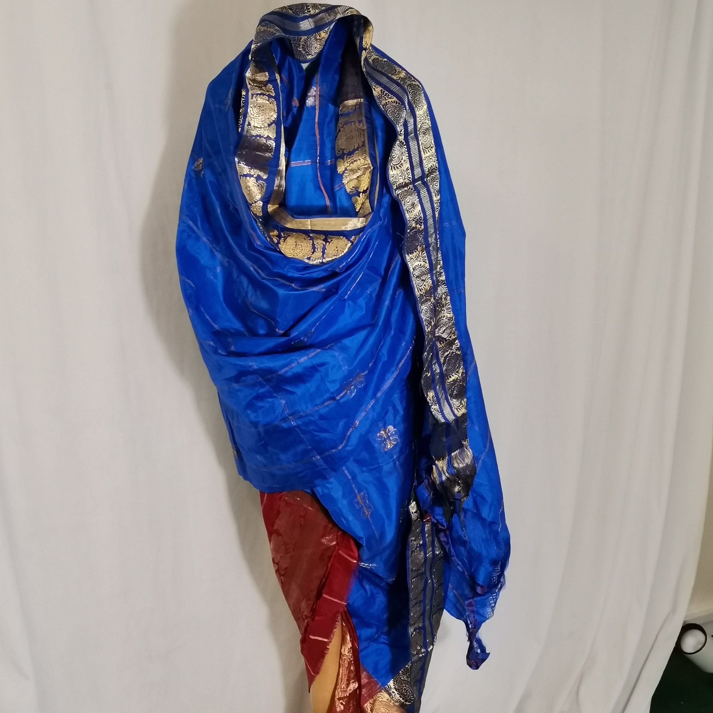 Blue and red silk sari fabric 104cm wide