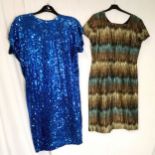 2 Vintage dresses 1 1980s sequinned in blue - 112cm bust t/w 1960s multi coloured short sleeved -