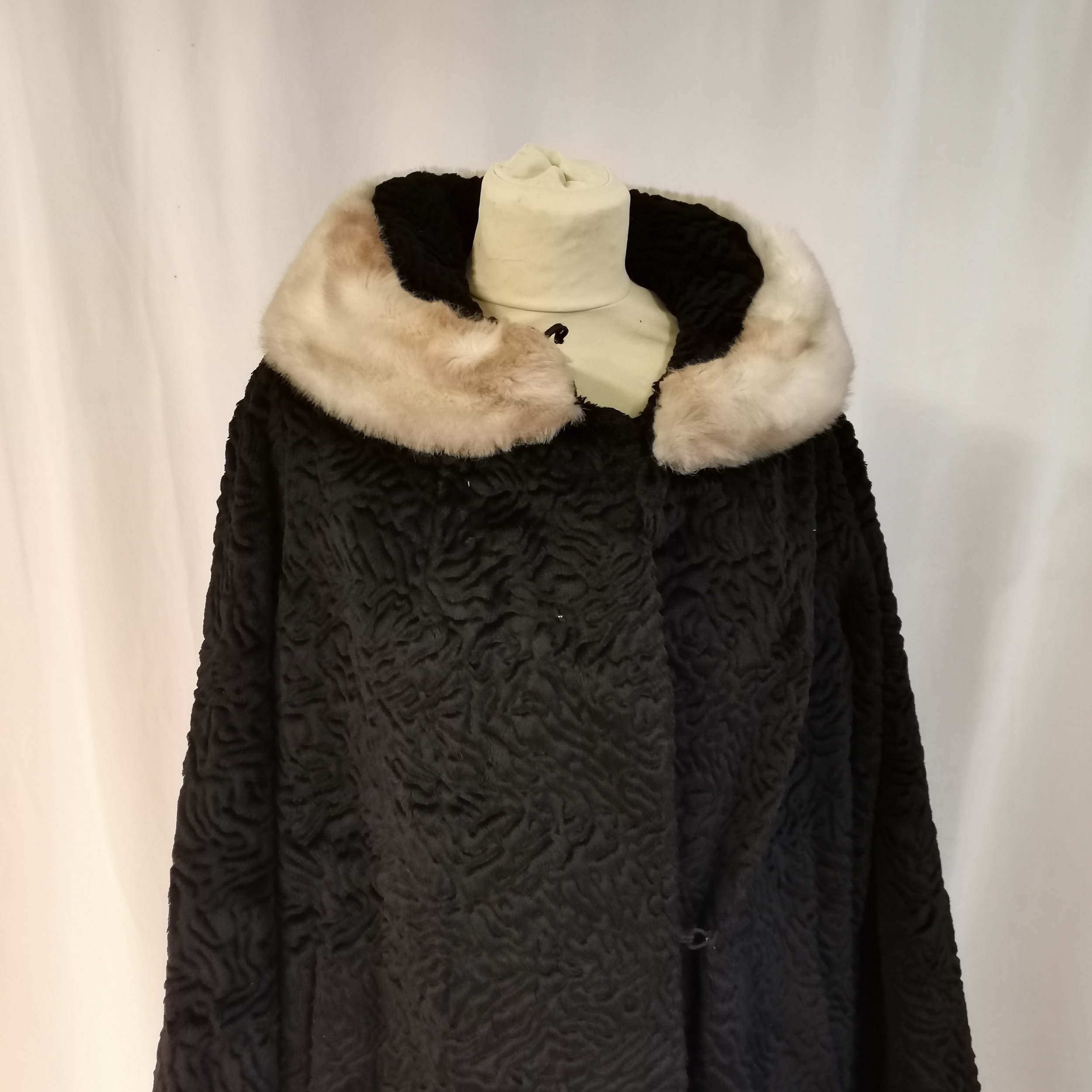 1950s Black astrakhan coat with faux fur collar good worn condition with slight damaged to fastener. - Image 2 of 3