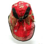 Red antique silk embroidered hat with fringe decoration - slight mark but in used condition