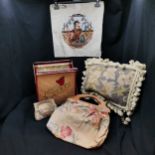 Sewing basket t/w needlework bag t/w tapestry cushion & tapestry depicting oriental figure