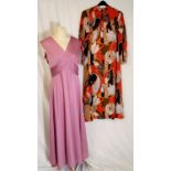 2 Vintage dresses 1 1970s pink ruched top - 104cm bust t/w chiffon 60s geometric pattern dress