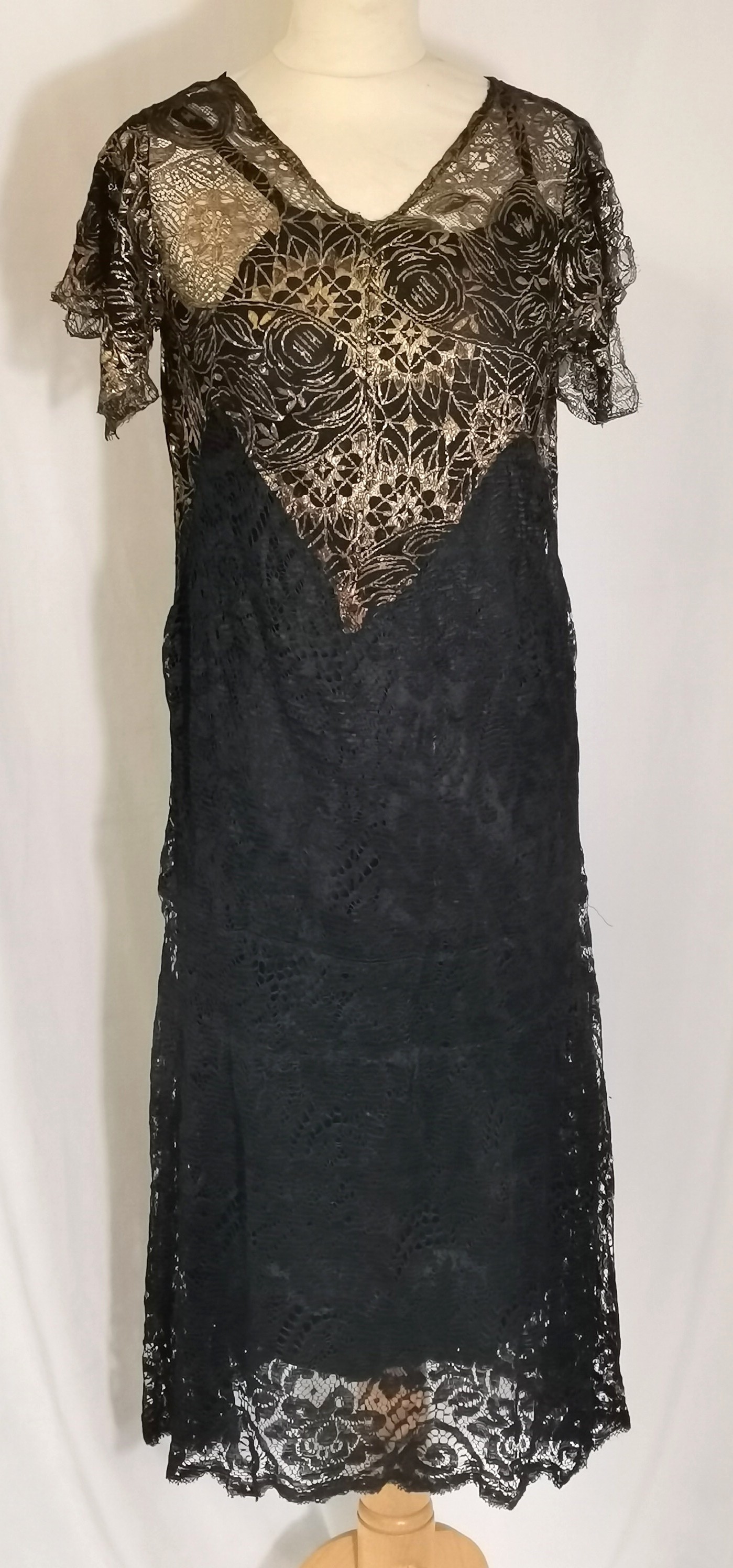 1920s black and gold lace dress with underskirt in good condition for its age - 96cm bust