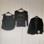 3 Black garments inc 1960s fringed top - 100cm bust, chiffon and beadwork top 90cm and velvet jacket