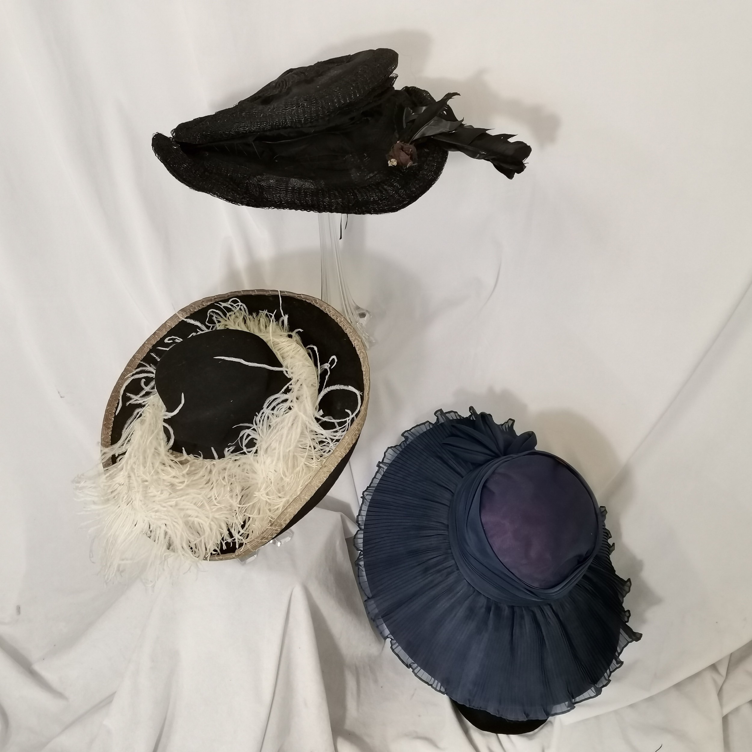 3 Vintage hats 1 Edwardian with feathers, fancy dress cavaliers hat with white ostrich feather