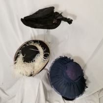 3 Vintage hats 1 Edwardian with feathers, fancy dress cavaliers hat with white ostrich feather