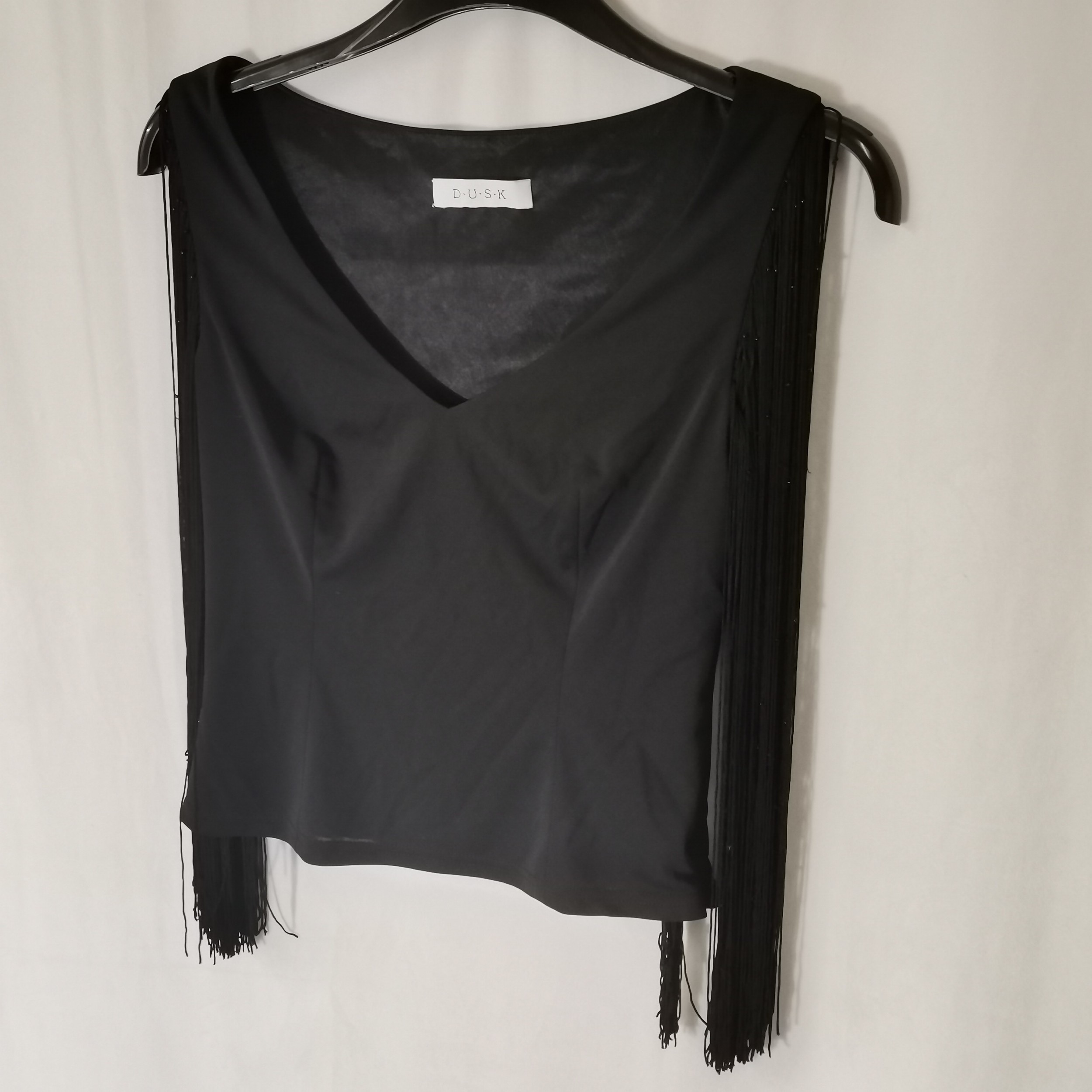 3 Black garments inc crepe skirt 80cm waist, velvet top 68cm bust and black top with fringed and - Image 3 of 4