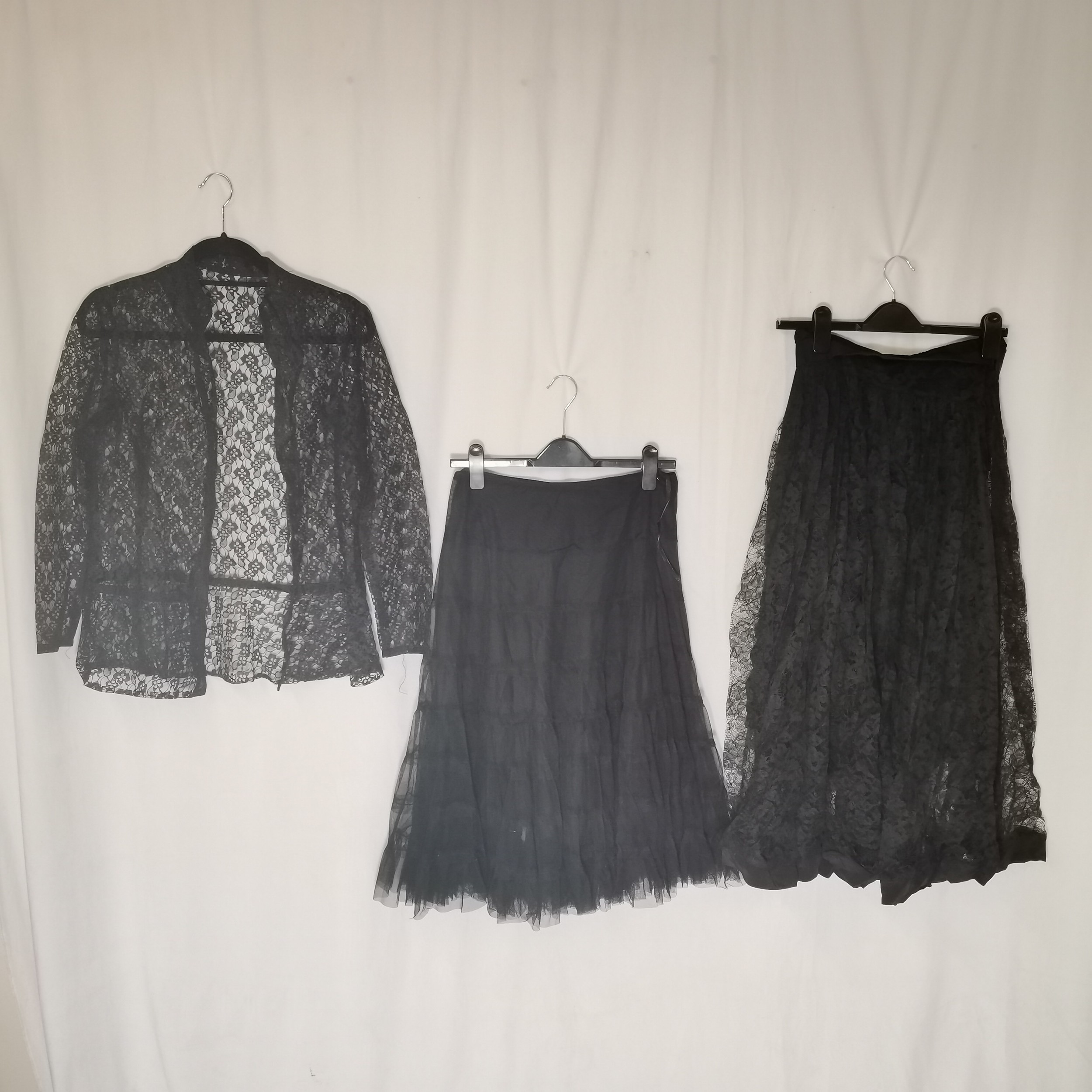 3 Black lace garments lace jacket 86cm bust, tiered skirt waist 74cm and cobweb lace skirt with