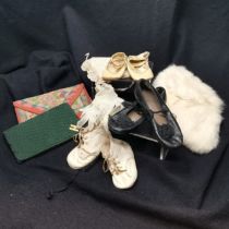 3 pairs of children's shoes, child's gloves, fur hat and 2 small bags - all in used condition