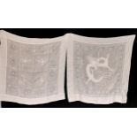 2 Chinese Pina linen embroidered tablecloths 94cm diameter, 1 depicting a dragon, small hole in