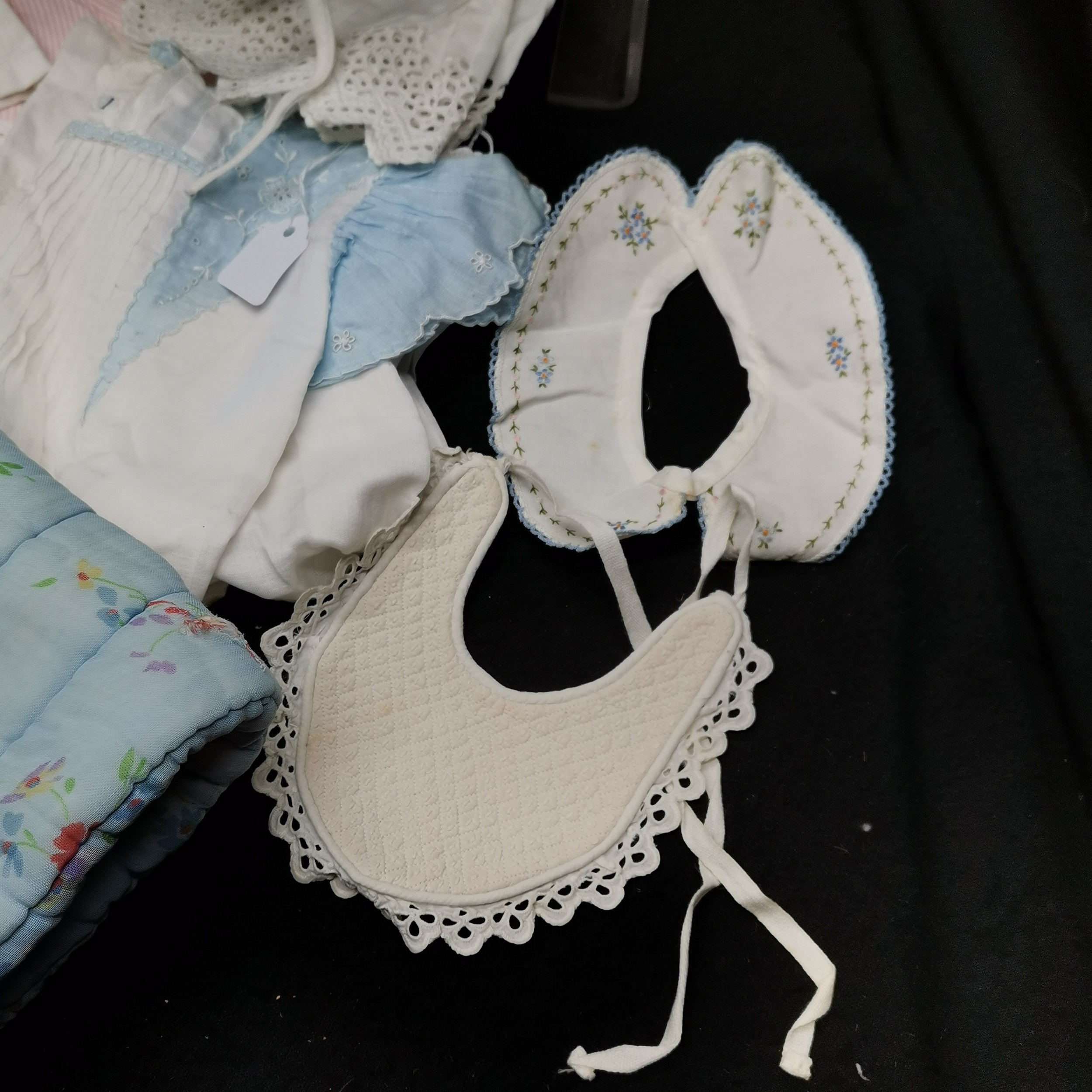 Dolls clothing to include bibs, hats, bedcovers, etc. Hat in need of repair, All in used condition. - Image 2 of 3