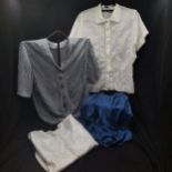 4 Vintage short sleeved blouses, 1 nylon with lace trim and diamante buttons, 1 silk with fancy