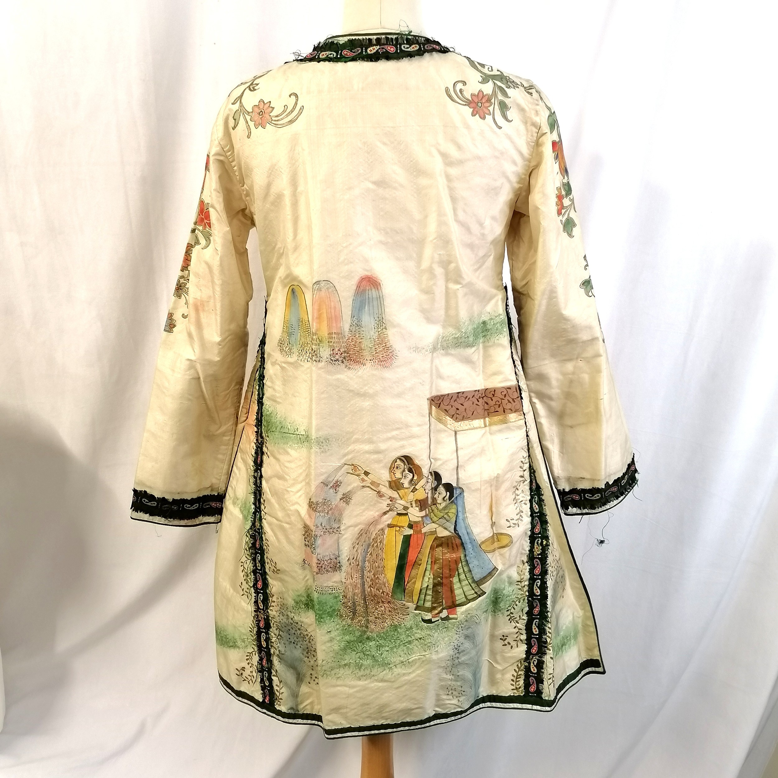 Indian cream silk dress coat with hand painted scenes 88cm bust - slight toning to the shoulders, - Image 2 of 13