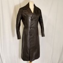 Vintage leather coat with leather strap tie back - 110cm chest - good used condition